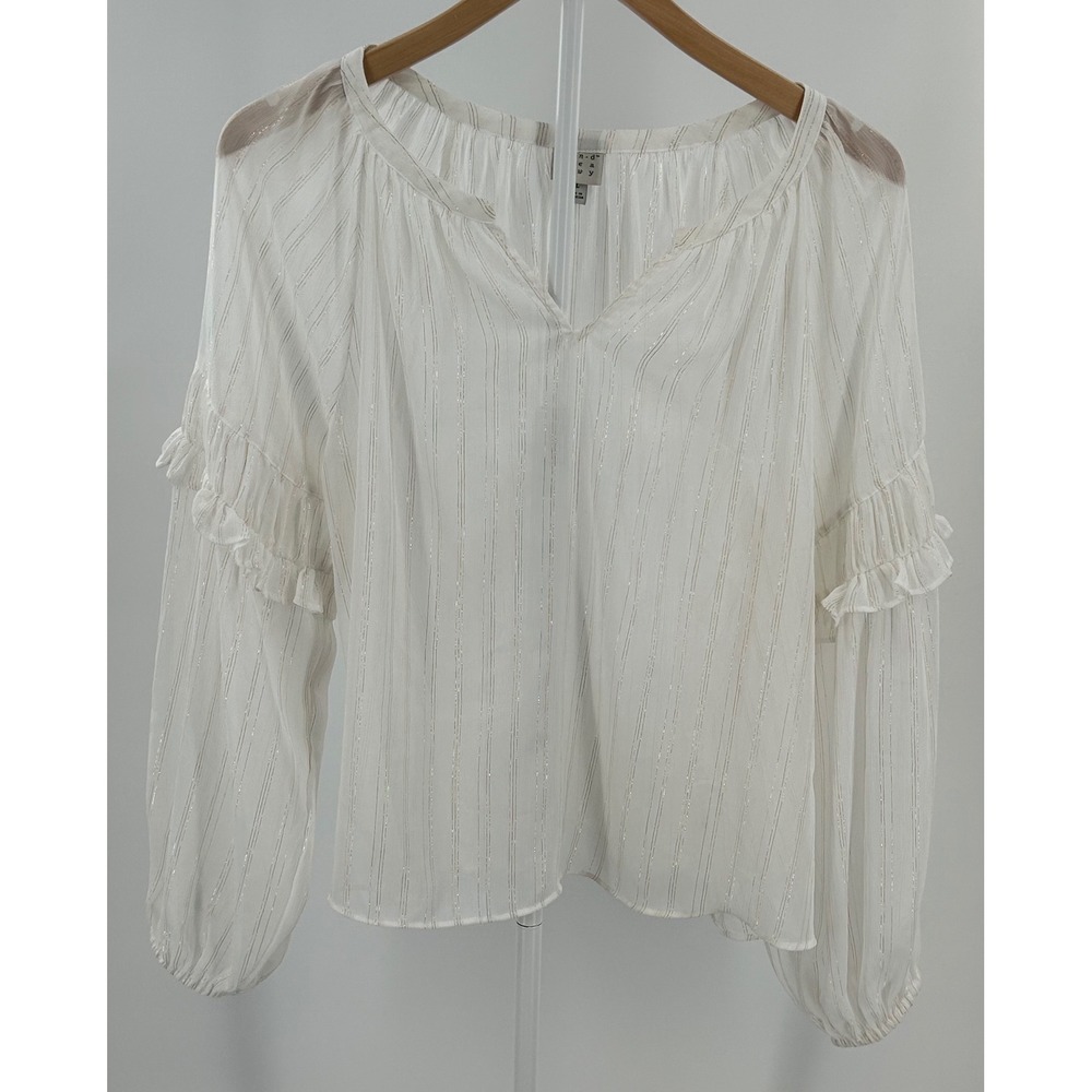 A New Day White Gold Metallic Striped Ruffle Sleeve Blouse XL Split V-Neck Top